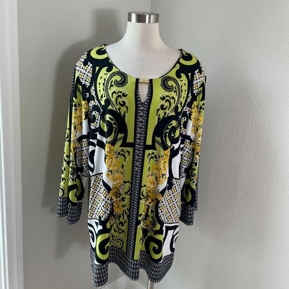 JM Collection Womans Plus 3X Black Green Yellow Tunic Top Stretch Shirt - Picture 1 of 12